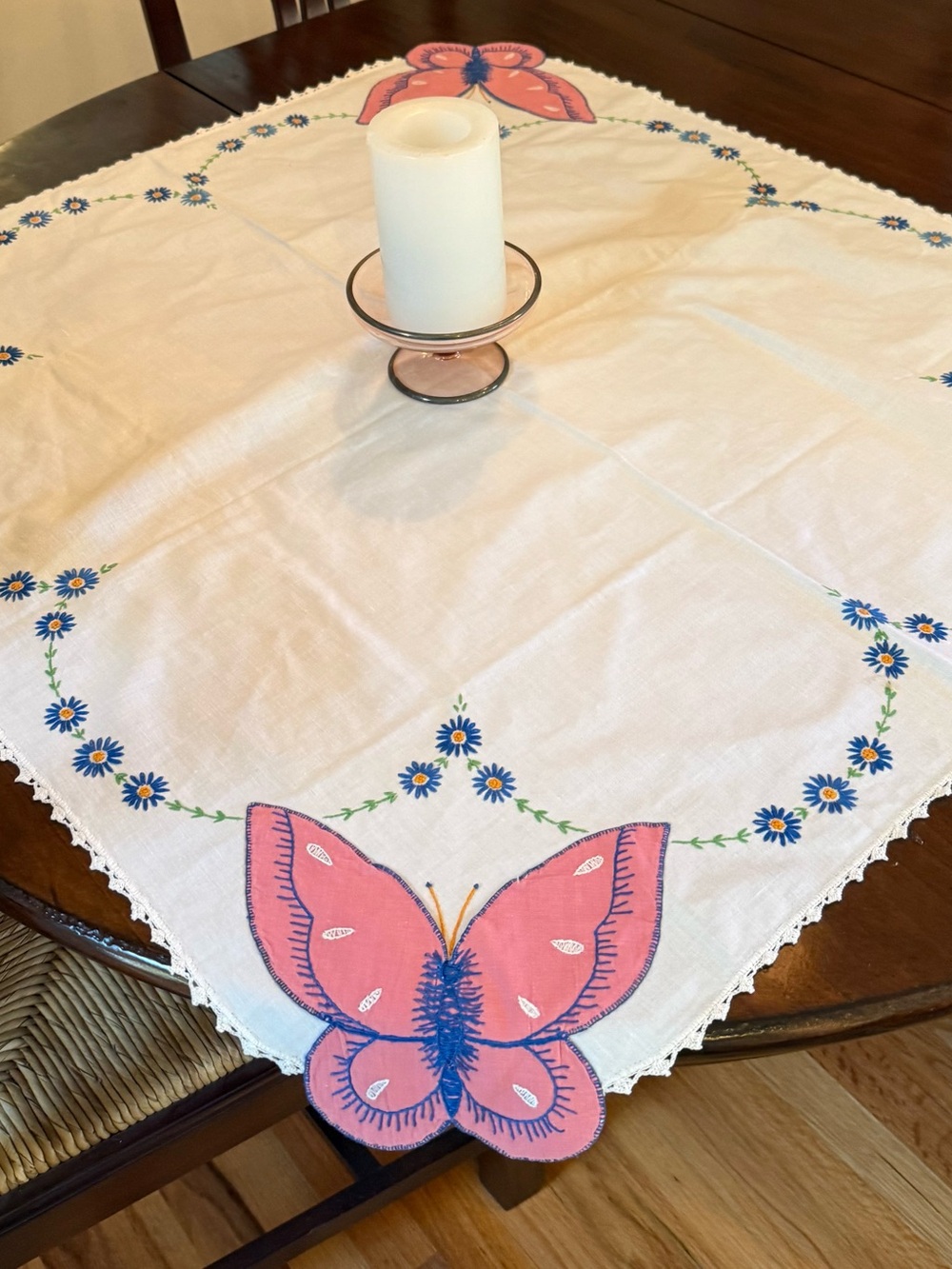 Vintage Hand-Embroidered Pink Butterfly Table Runner/Topper